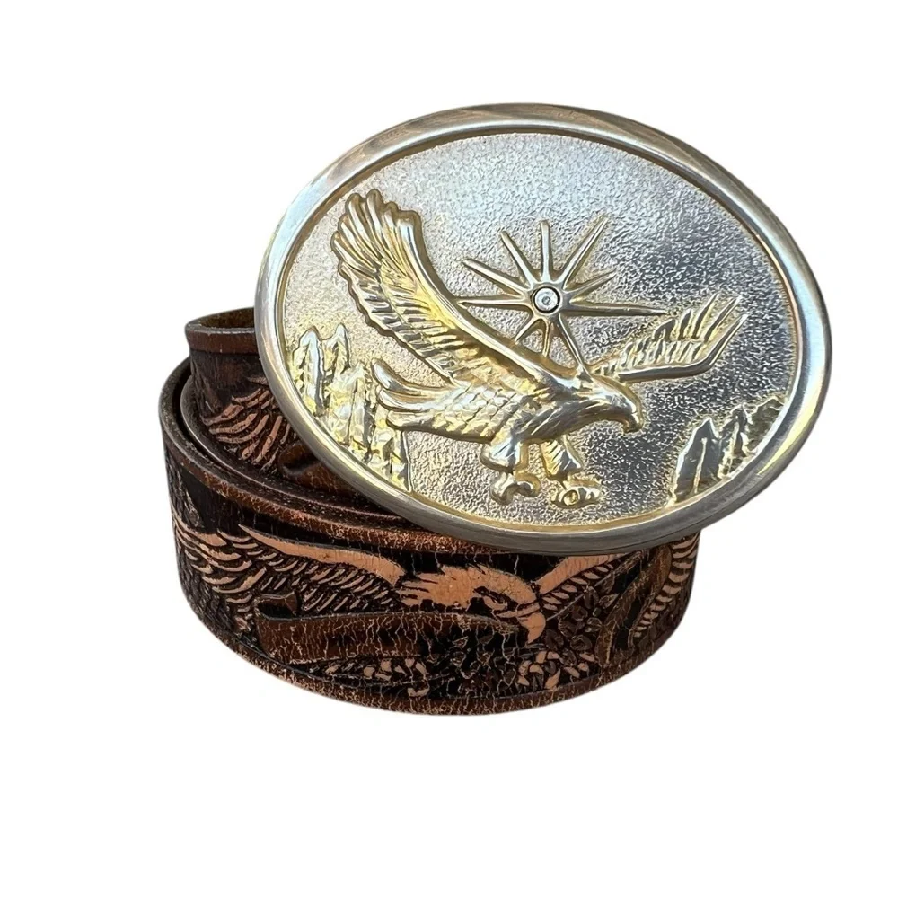 VTG Tooled Leather Western Eagle Belt Oval Silver Tone Buckle Mexico Size 44